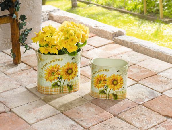Metall Blumentopf Sonnenblumen oval 2er Set